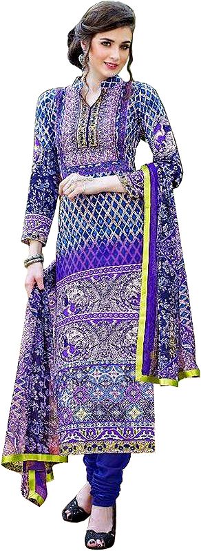 Blue and Purple Digital-Printed Long Choodidaar Kameez Suit