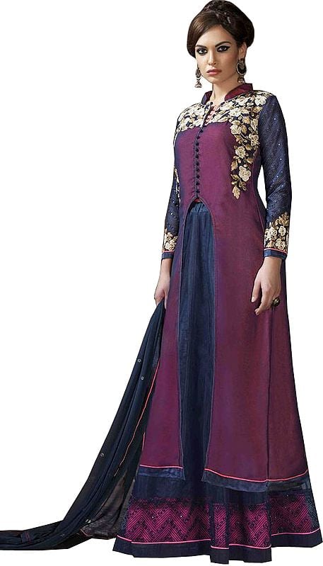 Violet-Quartz and Patriot-Blue Two in One Skirt and Parallel Salwar Suit with Floral Beads-Embroidery and Sequins