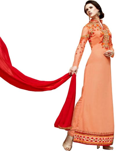 Peach-Cobbler Wedding Floor Length Chudidar Kameez Suit with Floral-Embroidery and Sequins