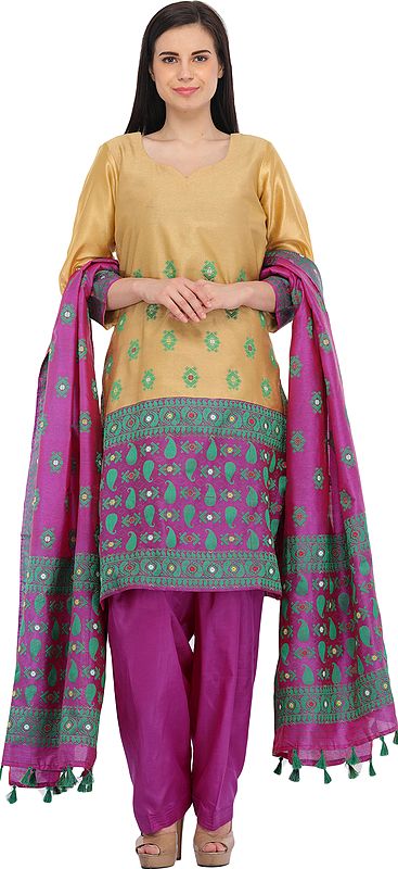 Marzipan and Purple Salwar Kameez Suit from Assam with Woven Bootis and Paisleys