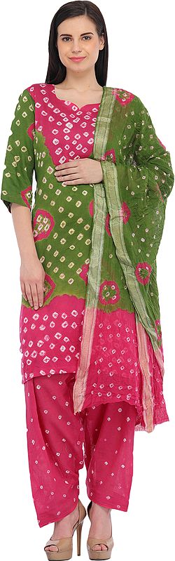 Pink and Green Bandhani Tie-Dye Salwar Kameez Suit from Gujarat