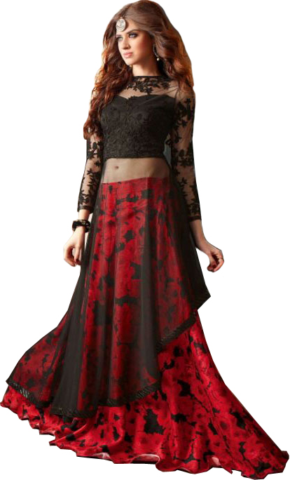 Black and Red Designer Skirt Suit with Embroidery in Self and Printed Roses