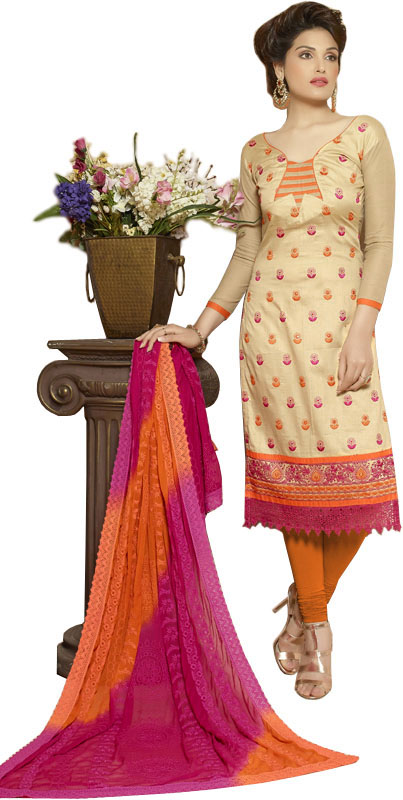 Biscotti and Orange Long Choodidaar Kameez Suit with Embroidered Bootis and Crochet Border