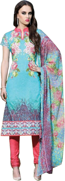 Blue-Atoll and Red Choodidaar Kameez Suit with Digital Floral-Print and Chiffon Dupatta