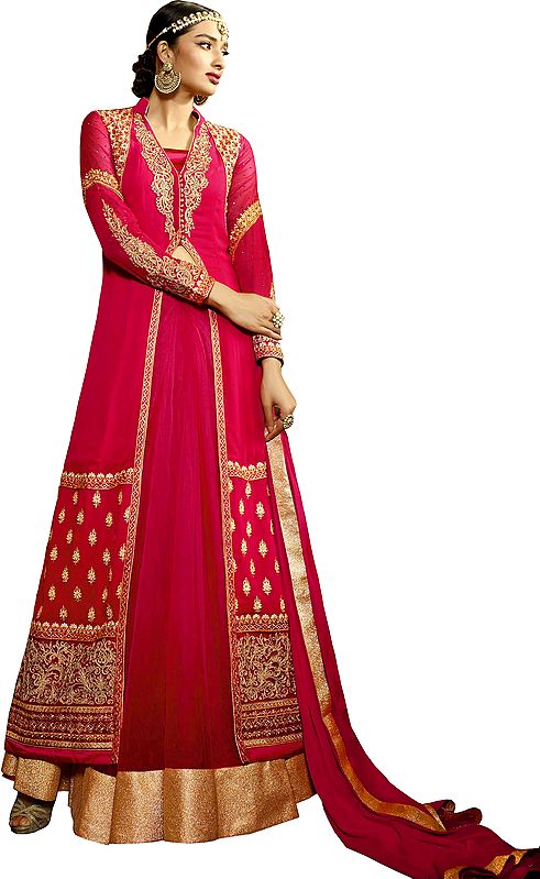 Paradise-Pink Bridal Lehenga Suit with Golden-Embroidery and Crystals