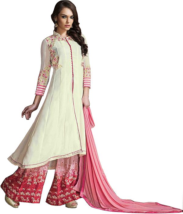 Ivory and Pink Designer Sharara Salwar Suit with Floral-Embroidery and Crystals