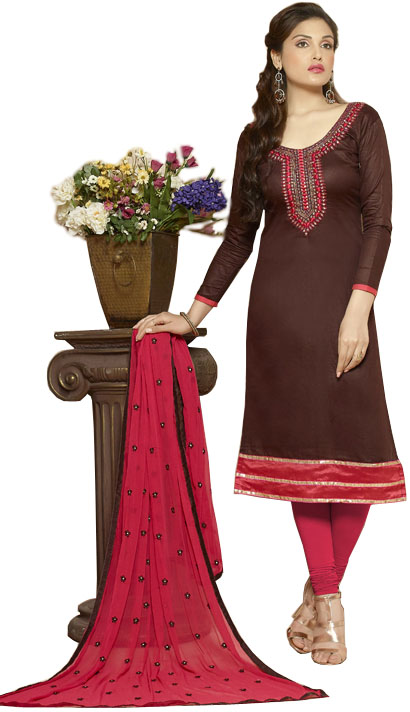 French-Roast and Geranium Choodidaar Kameez Suit with Embroidered Beads on Neck
