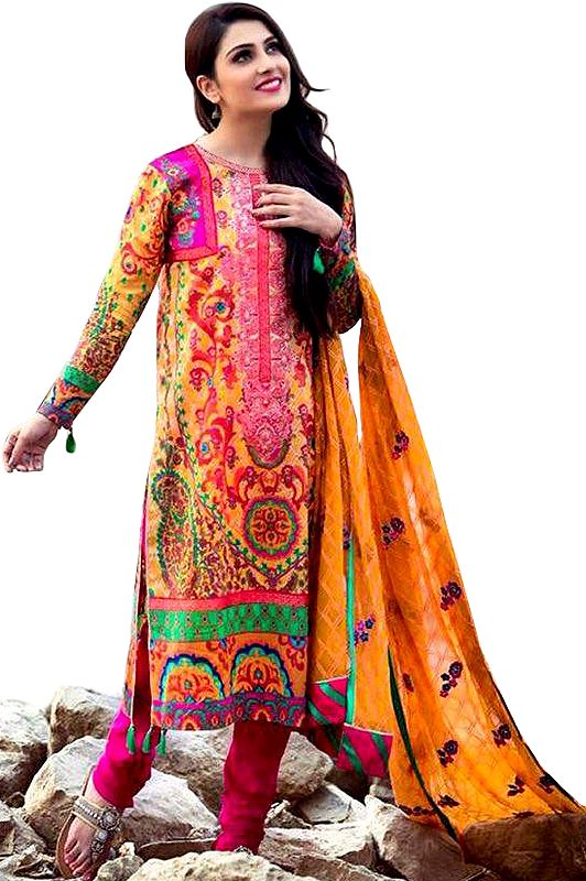 Marigold and Pink Digital-Printed Long Choodidaar Kameez Suit with Chiffon Dupatta