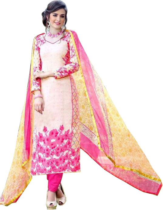 Pink and Yellow Long Choodidaar Kameez Suit with Floral Print and Chiffon Dupatta