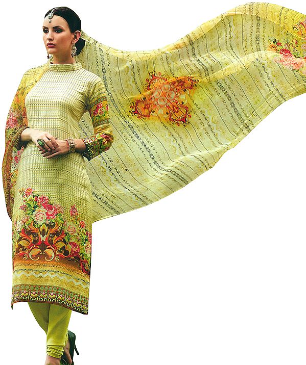 Luminary-Green Choodidaar Salwar Kameez Suit with Digital-Printed Roses and Chiffon Dupatta