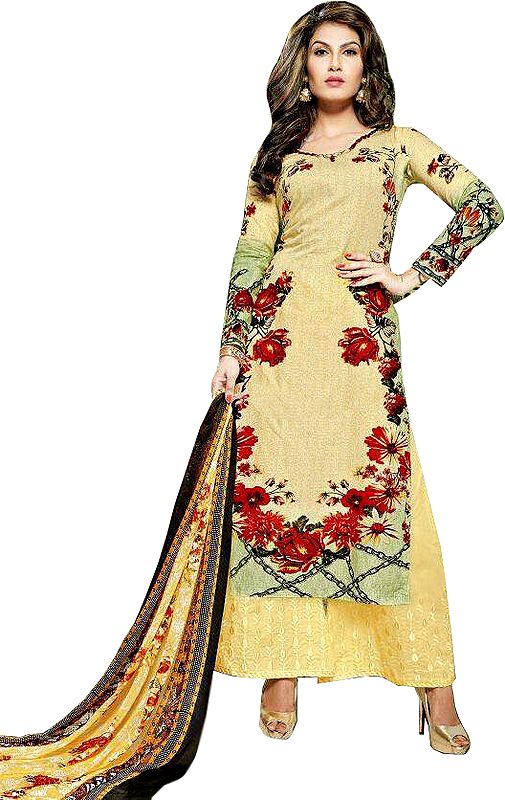 Yellow and Green Long Parallel Salwar Suit with Printed Flowers and Thread-Embroidery on Salwar