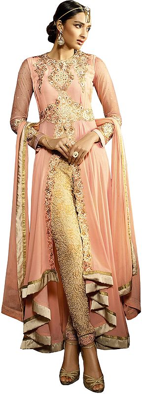 Peach-Parfait Designer Suit with Floral-Embroidery and Crystals