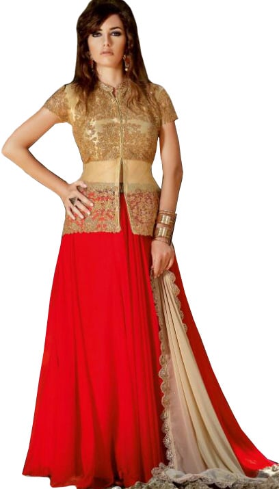 Golden and Red Designer Three-Piece Skirt and Top with Embroidery and Sequins