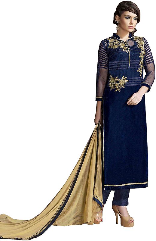 Eclipse-Blue Designer Long Parallel Suit with Embroidered-Beads and Sequins