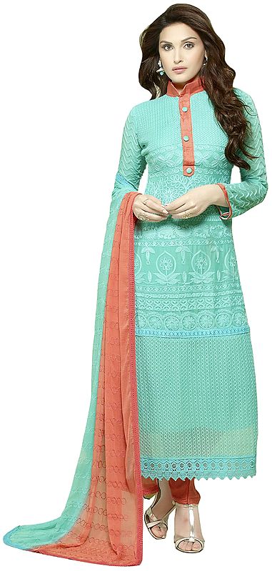 Aruba-Blue and Camellia Long Choodidaar Kameez Suit with Embroidery in Self and Crochet Border