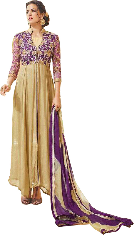 Purple and Golden Designer Long Parallel Suit with Embroidery and Crystals