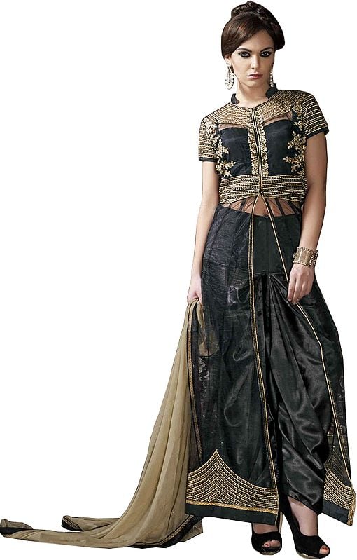 Jet-Black Designer Long Salwar Suit with Golden-Embroidery and Sequins
