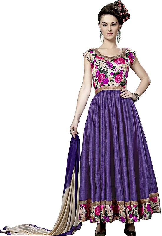 Purple-Opulence Anarkali Suit with Printed Roses and Gota Border