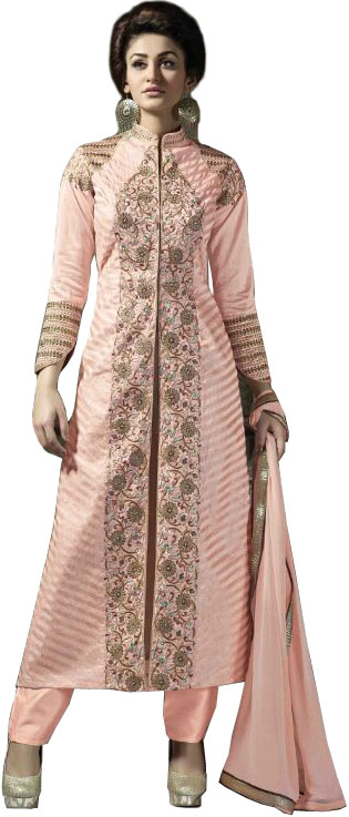 Heavenly-Pink Long Parallel Salwar Suit with Floral-Embroidery and Stripes