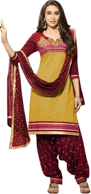 Lima-Bean and Maroon Embroidered Patiala Salwar Kameez Suit