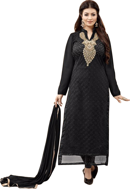 Jet-Black Ayesha Long Chudidar Kameez Suit with Chikan-Embroidery in Self and Zardozi-Patch