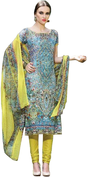 Blue and Yellow Choodidaar Kameez Suit with Digital Floral-Print and Chiffon Dupatta