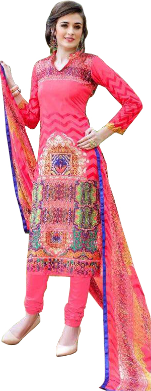 Strawberry-Pink Printed Long Choodidaar Kameez Suit with Chiffon Dupatta