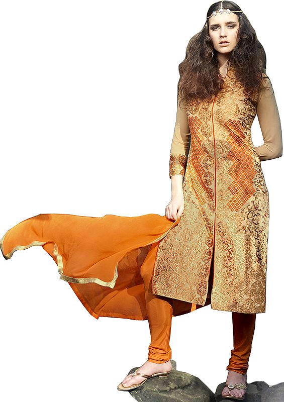 Honey-Peach and Orange Chudidar Kameez Suit with Embroidery in Zari and Mirrors