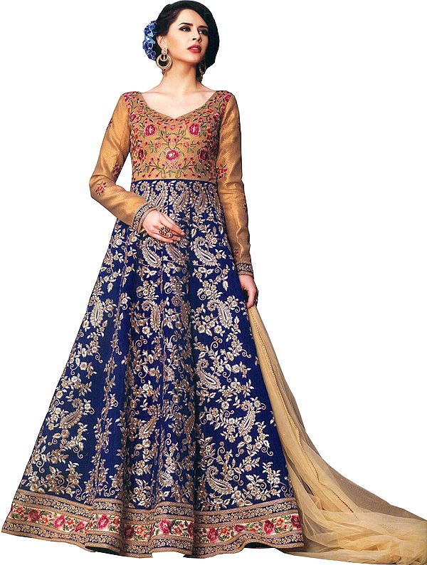 Golden and Blue Designer Floor-Length Anarkali Suit with Dense-Embroidery and Crystals