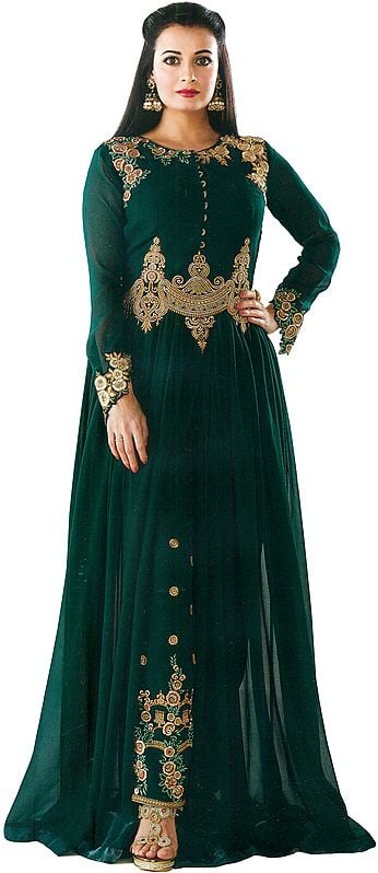 Deep-Teal Dia Mirza Designer Floor Length Suit with Embroidery and Crystals