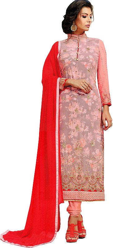 Impatiens-Pink Long Choodidaar Kameez Suit with Floral-Print and Embroidery in Zari Thread