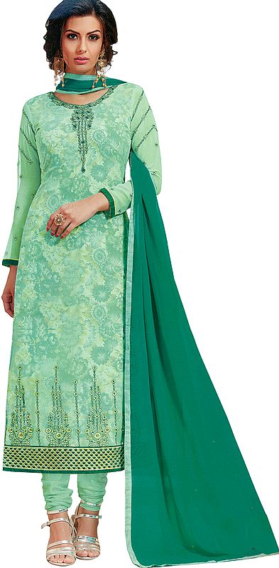 Misty-Jade Long Chudidar Kameez Suit with Printed Flowers and Embroidery