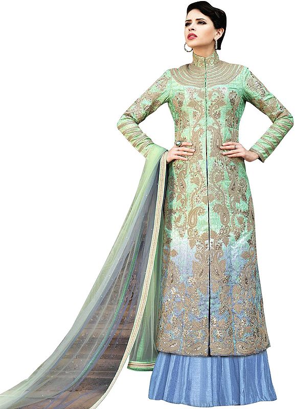 Green and Blue Long Designer Lehenga Suit with Embroidery All-Over and Sequins