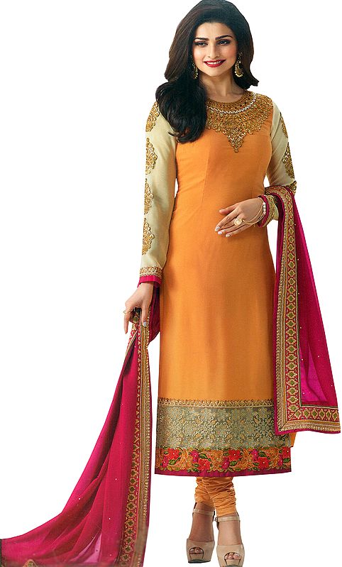 Marigold and Pink Designer Long Chudidar Kameez Suit with Embroidery and Crystals