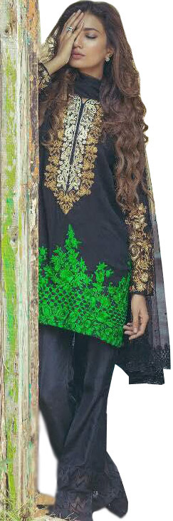 Phantom-Black Parallel Salwar Suit with Floral-Embroidered Patches