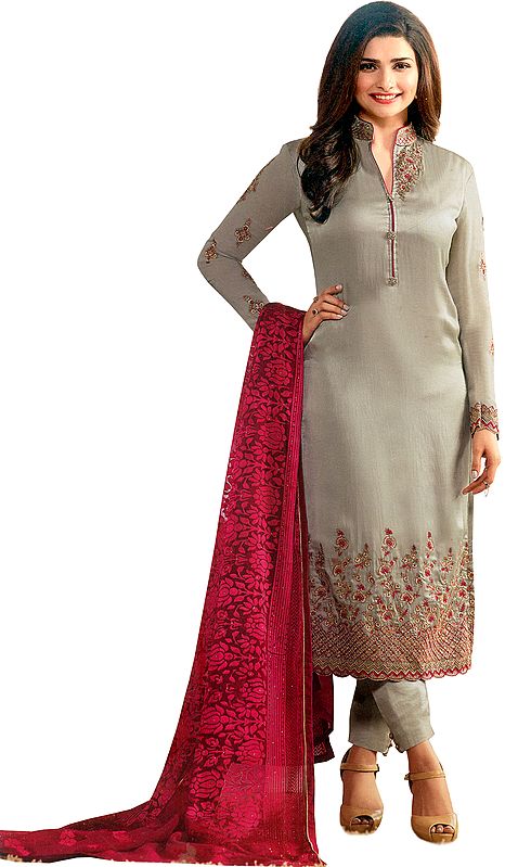 Gray and Pink Parallel Salwar Suit with Floral-Embroidery and Crystals