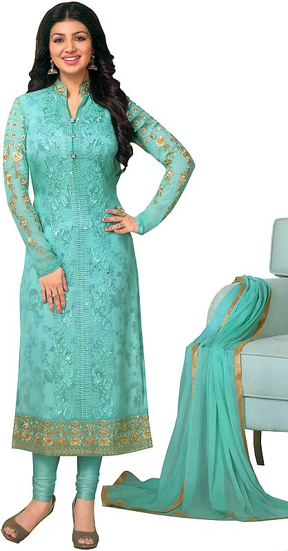 Fair-Aqua Ayesha Long Choodidaar Kameez Suit with Floral-Print and Embroidery in Self