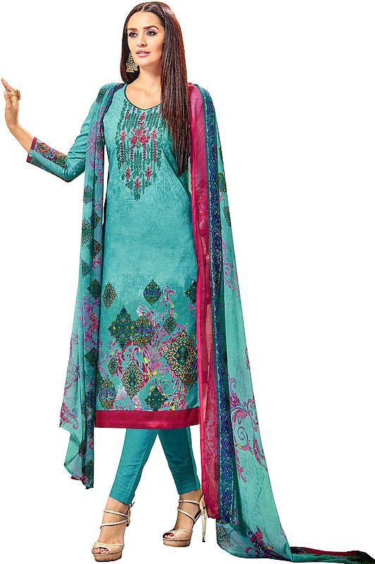 Blue-Tint Printed Long Parallel Salwar Suit with Embroidery on Neck and Chiffon Dupatta