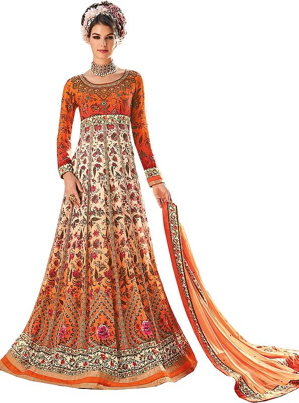 Orange and Peach Designer Floor-Length Anarkali Suit with Floral Print and Crystals All-Over