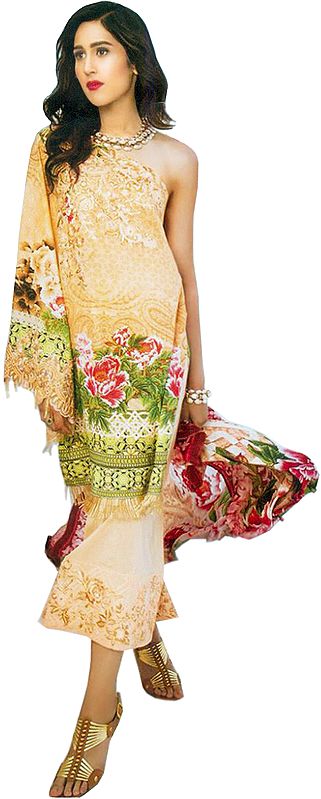 Honey-Peach Stylish Floral Printed Parallel Salwar Suit with Embroidered Patches