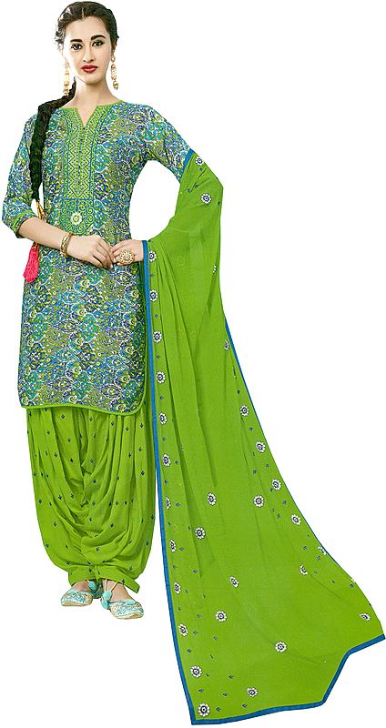 Blue and Green Printed Patiala Salwar Kameez Suit with Embroidered Patch on Neck