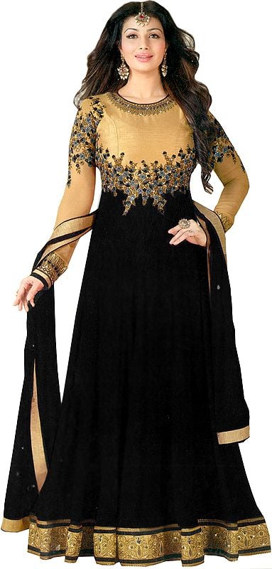 Golden and Black Ayesha Designer Anarkali Suit with Floral-Embroidery and Crystals