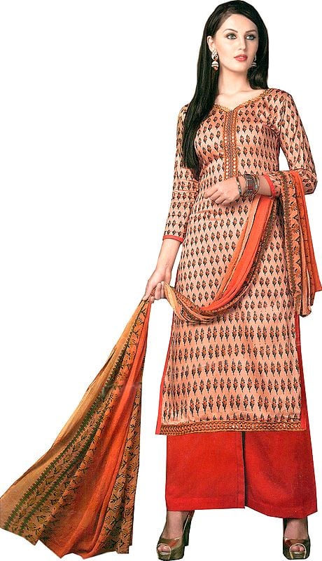 Dusty-Pink and Orange Palazzo Salwar Suit with Printed Bootis and Mirrors on Neck and Border
