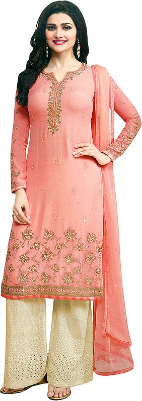 Peach-Pearl and Cream Prachi Designer Parallel Salwar Suit with Floral-Embroidery and Cut-work on Salwar
