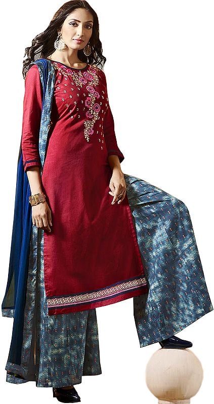 Red and Blue Printed Palazzo Salwar Suit with Embroidery
