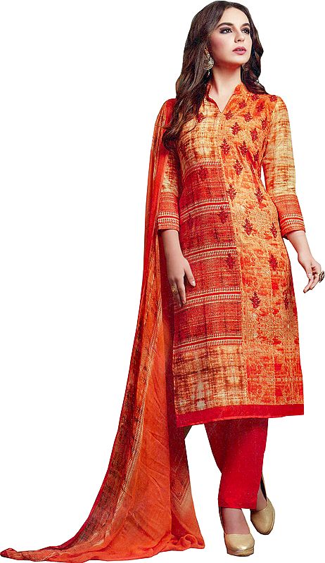 Melon-Orange Printed Parallel Salwar Suit with Embroidered Bootis and Chiffon Dupatta