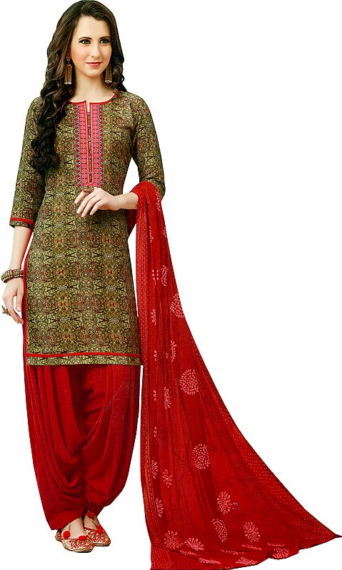 Cornstalk and Red Printed Patiala Salwar Kameez Suit with Embroidered Patch on Neck