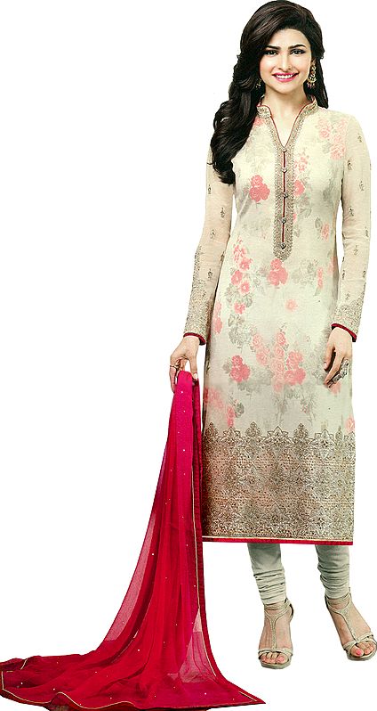 Antique-White and Pink Prachi Designer Long Choodidaar Kameez Suit with Floral-Print and Embroidery in Zari Thread