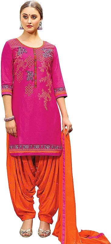 Pink and Orange Embroidered Patiala Salwar Kameez Suit with Chiffon Dupatta