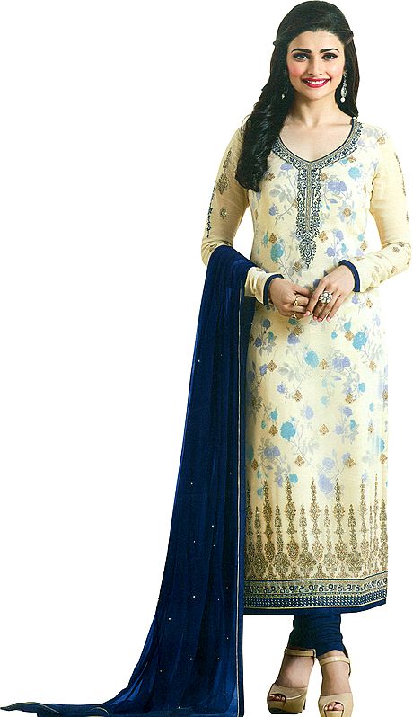 Cream and Blue Prachi Designer Long Chudidar Kameez Suit with Printed Flowers and Embroidery in Zari Thread